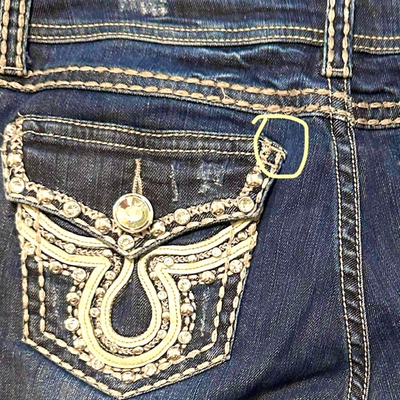LA IDOL Y2K BOOTCUT BLING FLAP POCKET DISTRESSED RODEO FESTIVAL JEANS Sz11 33/34 - Picture 12 of 12
